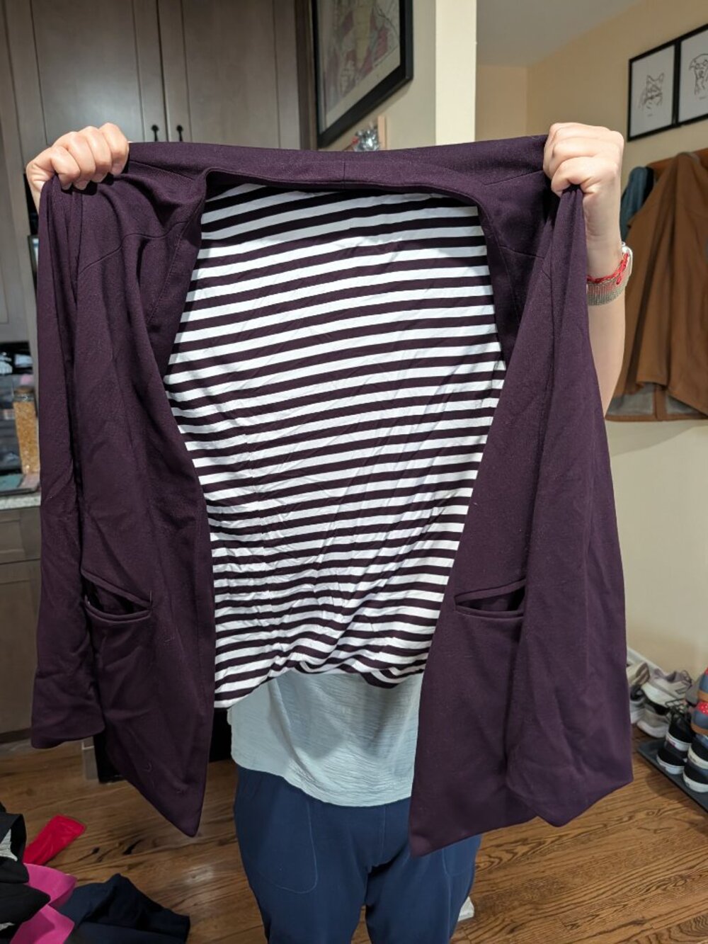 Skies Are Blue Plum Purple Open Front Stripe Lined Blazer L